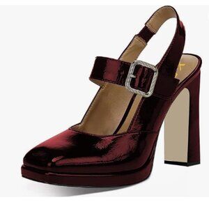 YDN Wine Red Chunky High Heel Pumps Platform Sqaure Toe Elastic Slingbacks Shoes